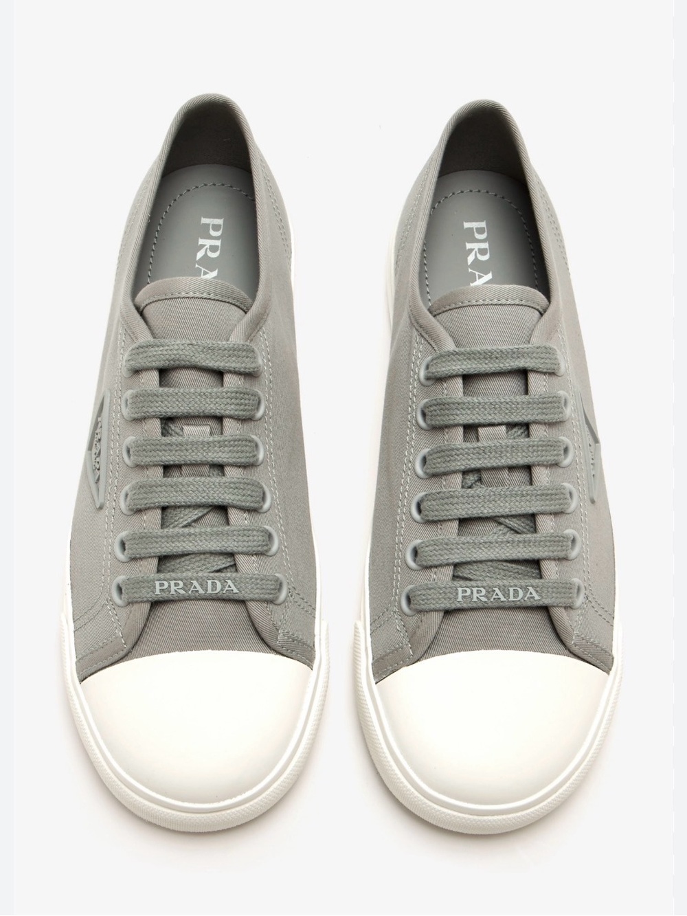 Prada Gray Canvas Low-Top Sneakers with White Toe Cap